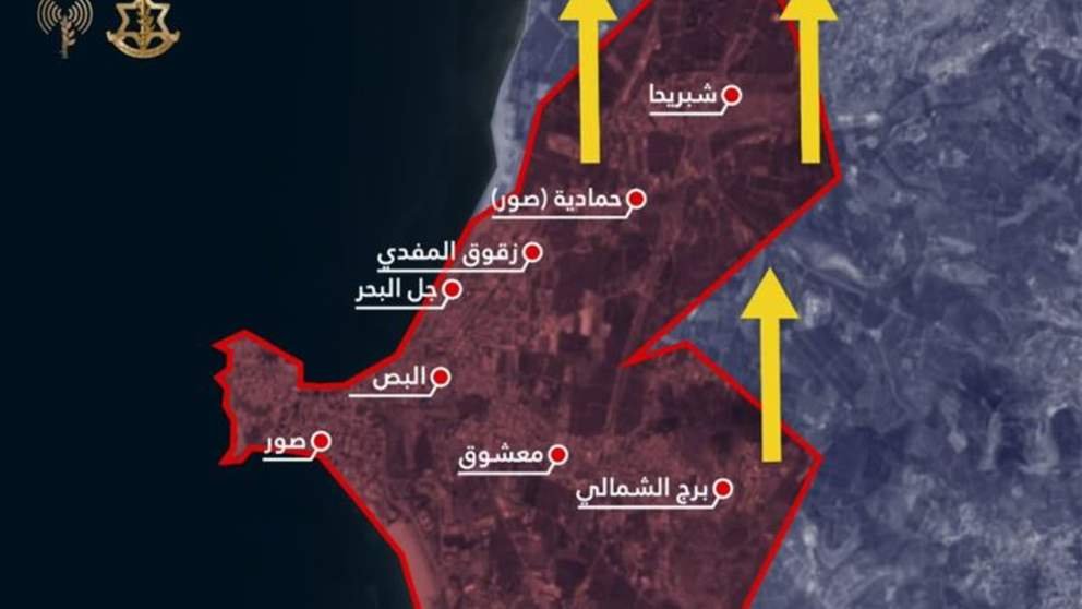بالخريطة – الجيش الاسرائيلي يصدر انذاراً  إلى سكان مدينة صور بما فيها الحارة المسيحية والمخيمات